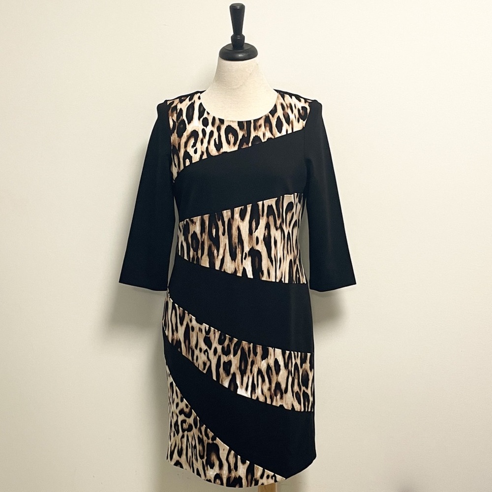 Chicos Black Leopard Print 3/4 Sleeve Ponte Shift Dress 1 Medium Stretch EUC